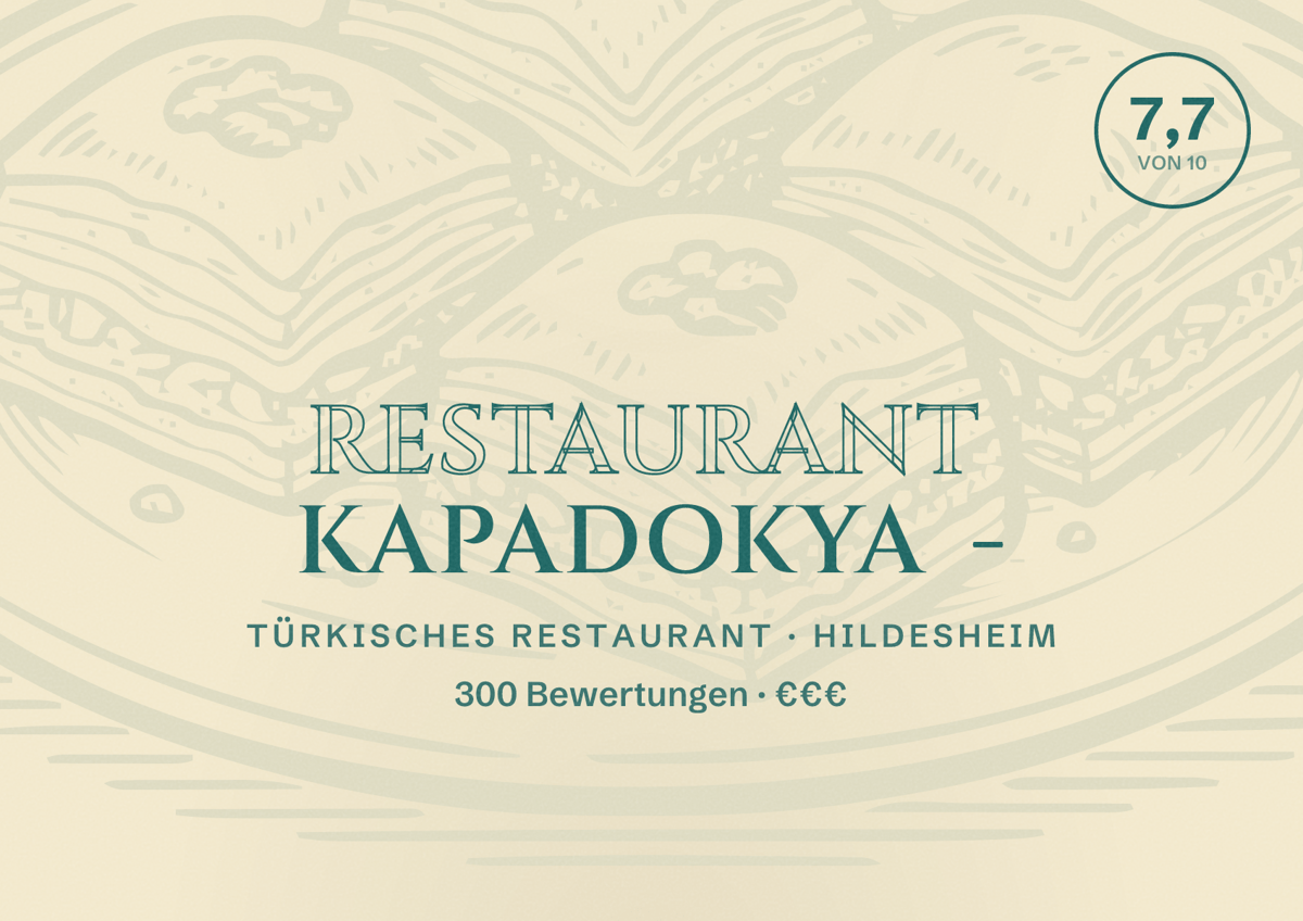Illustriertes Poster von Restaurant Kapadokya -, Türkisches Restaurant in Hildesheim: Bewertung 7,7 von 10 aus 300 Bewertungen, Preisniveau €€€