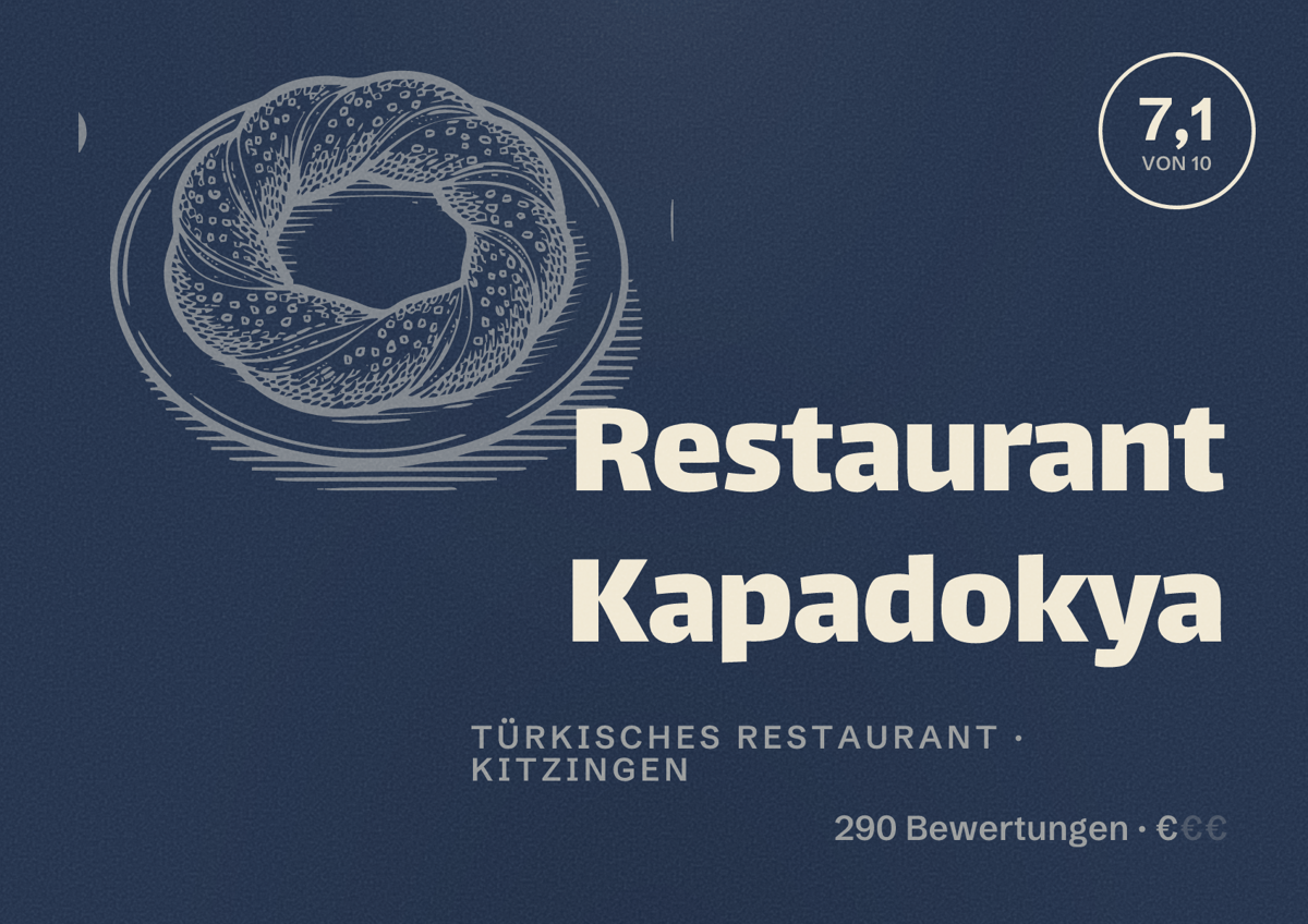 Illustriertes Poster von Restaurant Kapadokya, Türkisches Restaurant in Kitzingen: Bewertung 7,1 von 10 aus 290 Bewertungen, Preisniveau €