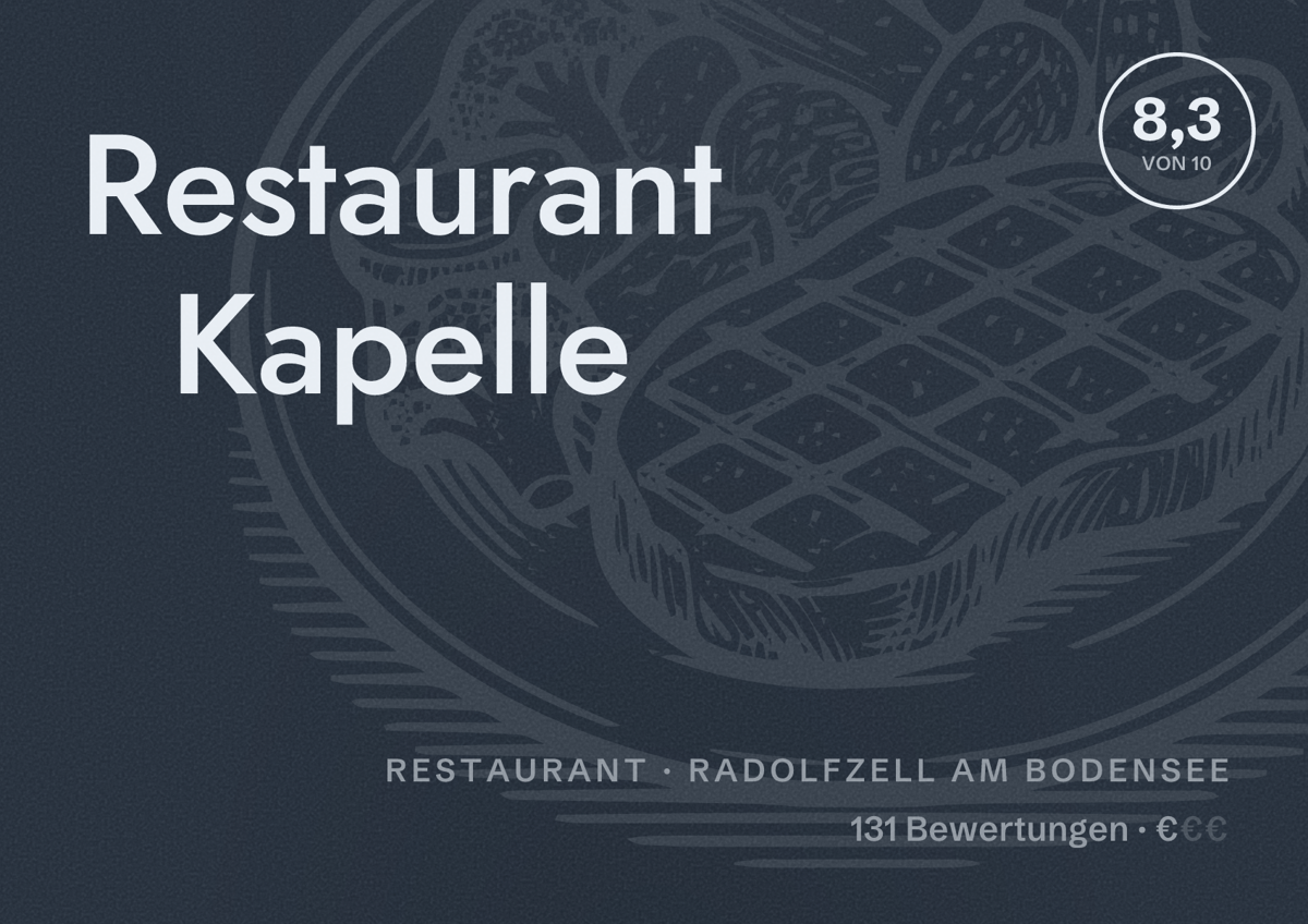 Illustriertes Poster von Restaurant Kapelle, Restaurant in Radolfzell am Bodensee: Bewertung 8,3 von 10 aus 131 Bewertungen, Preisniveau €
