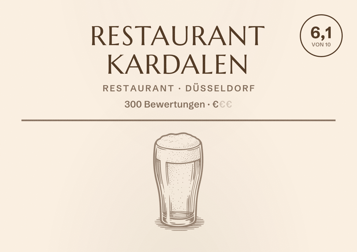 Illustriertes Poster von Restaurant Kardalen, Restaurant in Düsseldorf: Bewertung 6,1 von 10 aus 300 Bewertungen, Preisniveau €