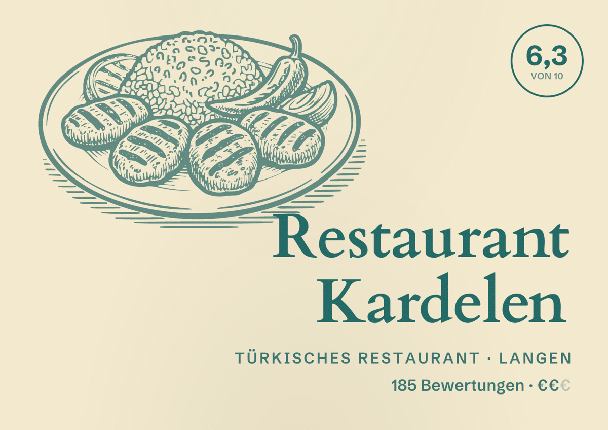 Illustriertes Poster von Restaurant Kardelen, Türkisches Restaurant in Langen: Bewertung 6,3 von 10 aus 185 Bewertungen, Preisniveau €€