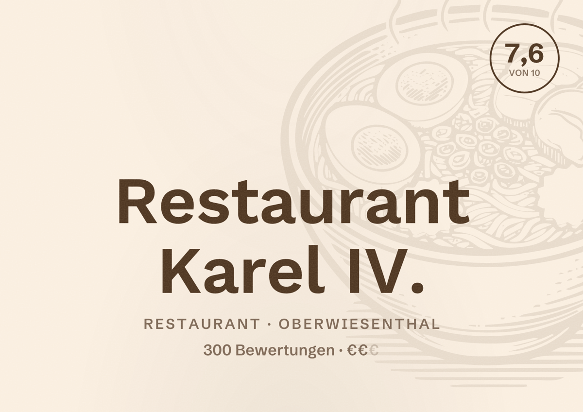 Illustriertes Poster von Restaurant Karel IV., Restaurant in Oberwiesenthal: Bewertung 7,6 von 10 aus 300 Bewertungen, Preisniveau €€