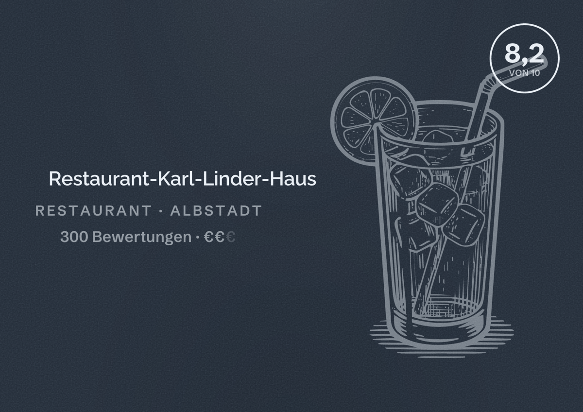 Illustriertes Poster von Restaurant-Karl-Linder-Haus, Restaurant in Albstadt: Bewertung 8,2 von 10 aus 300 Bewertungen, Preisniveau €€