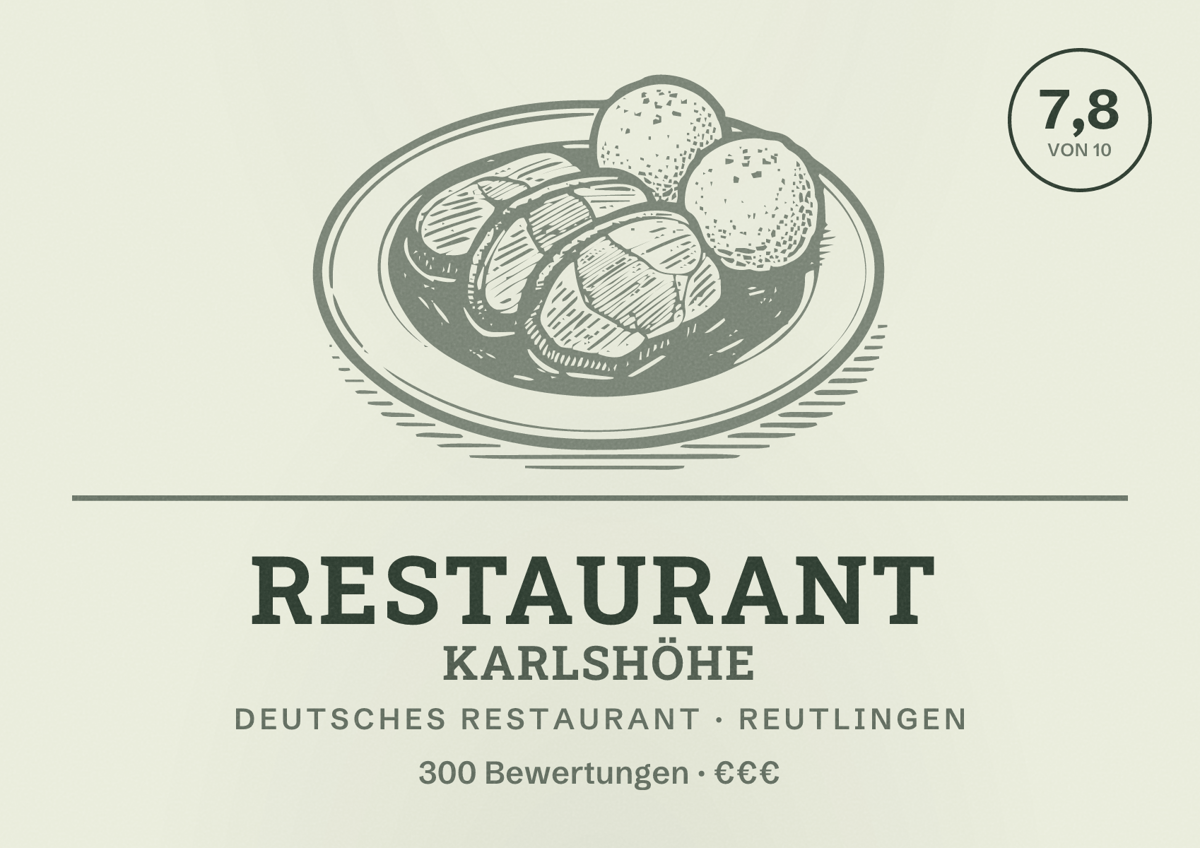 Illustriertes Poster von Restaurant Karlshöhe, Deutsches Restaurant in Reutlingen: Bewertung 7,8 von 10 aus 300 Bewertungen, Preisniveau €€€