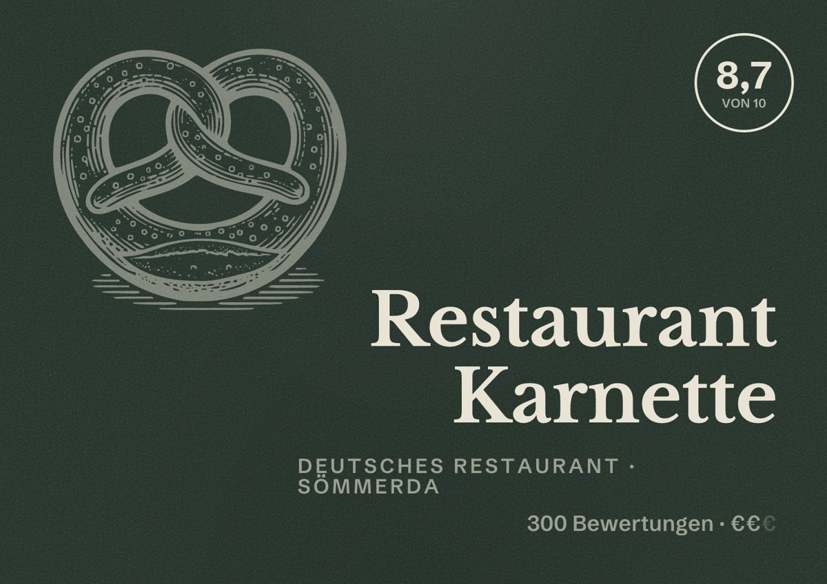 Illustriertes Poster von Restaurant Karnette, Deutsches Restaurant in Sömmerda: Bewertung 8,7 von 10 aus 300 Bewertungen, Preisniveau €€