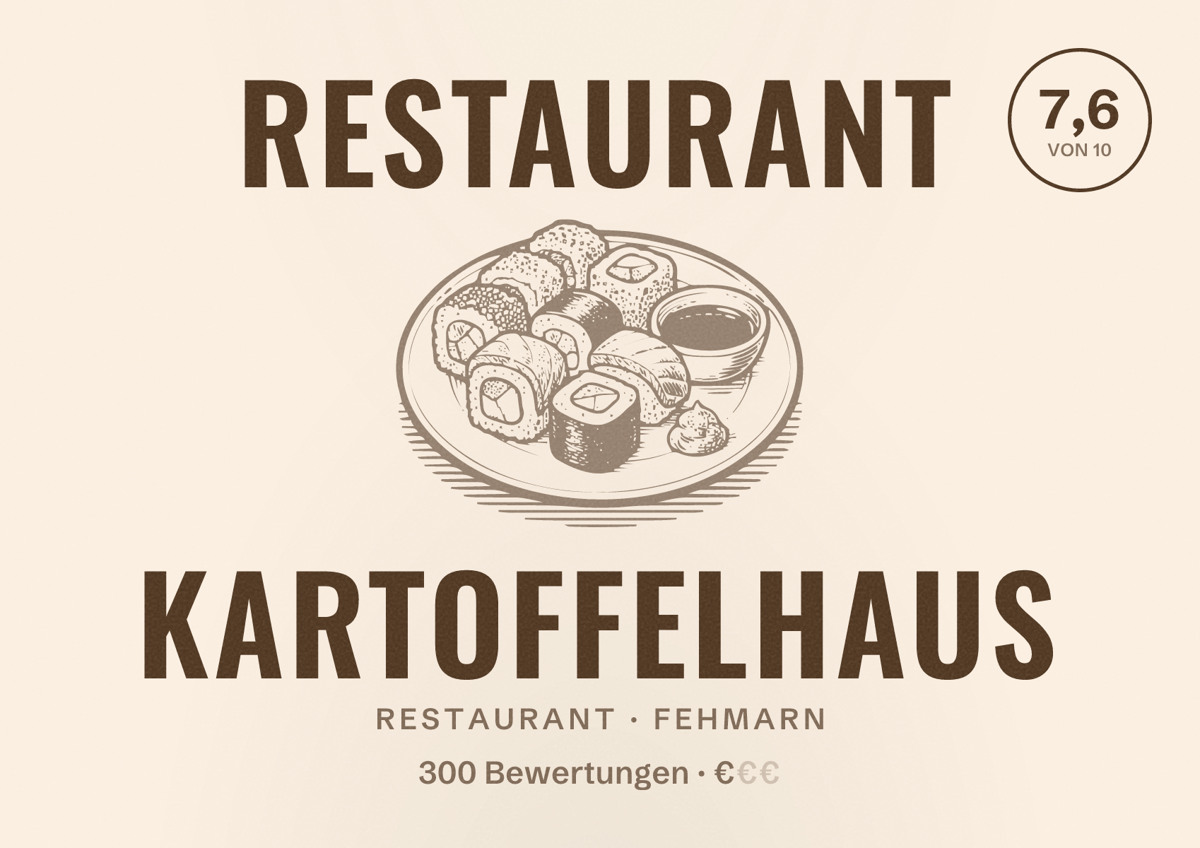 Illustriertes Poster von Restaurant Kartoffelhaus, Restaurant in Fehmarn: Bewertung 7,6 von 10 aus 300 Bewertungen, Preisniveau €