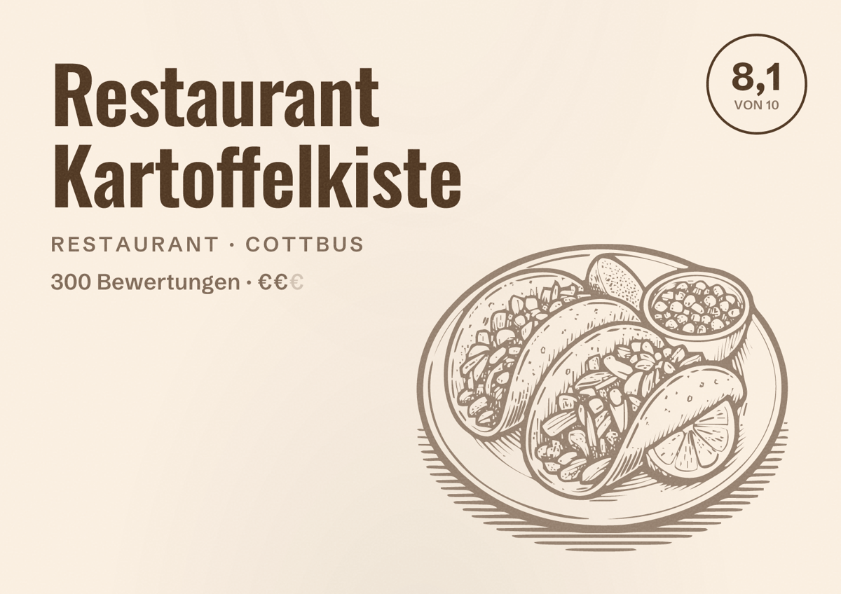 Illustriertes Poster von Restaurant Kartoffelkiste, Restaurant in Cottbus: Bewertung 8,1 von 10 aus 300 Bewertungen, Preisniveau €€