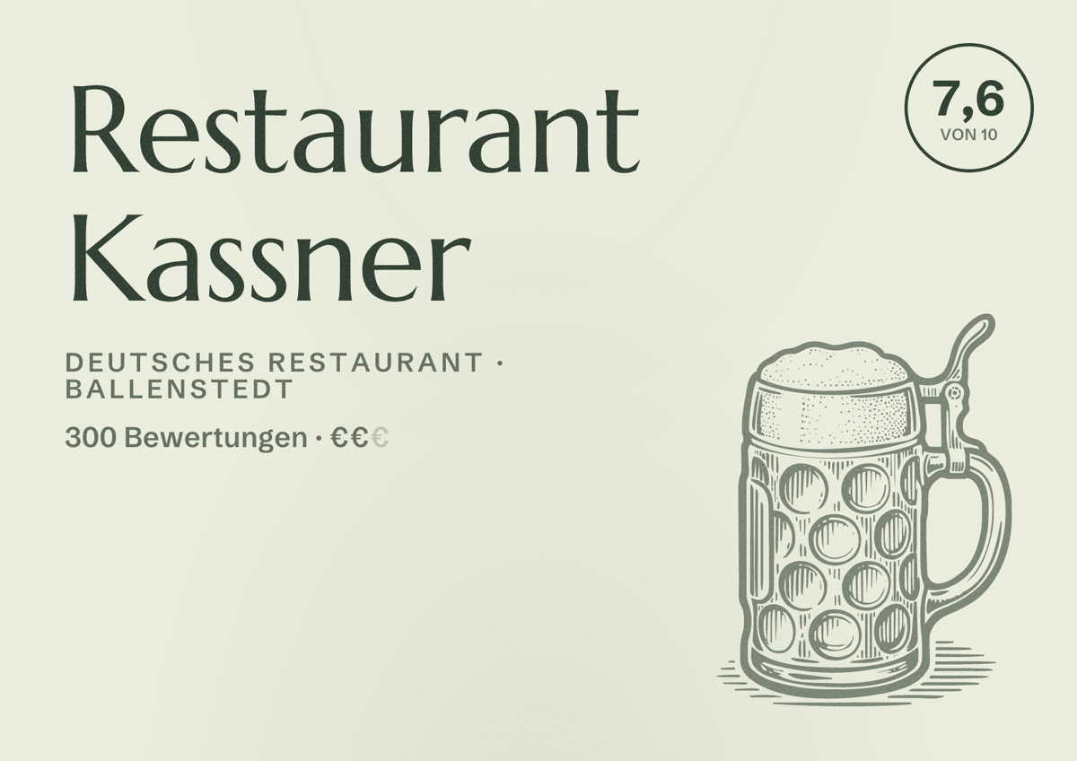 Illustriertes Poster von Restaurant Kassner, Deutsches Restaurant in Ballenstedt: Bewertung 7,6 von 10 aus 300 Bewertungen, Preisniveau €€