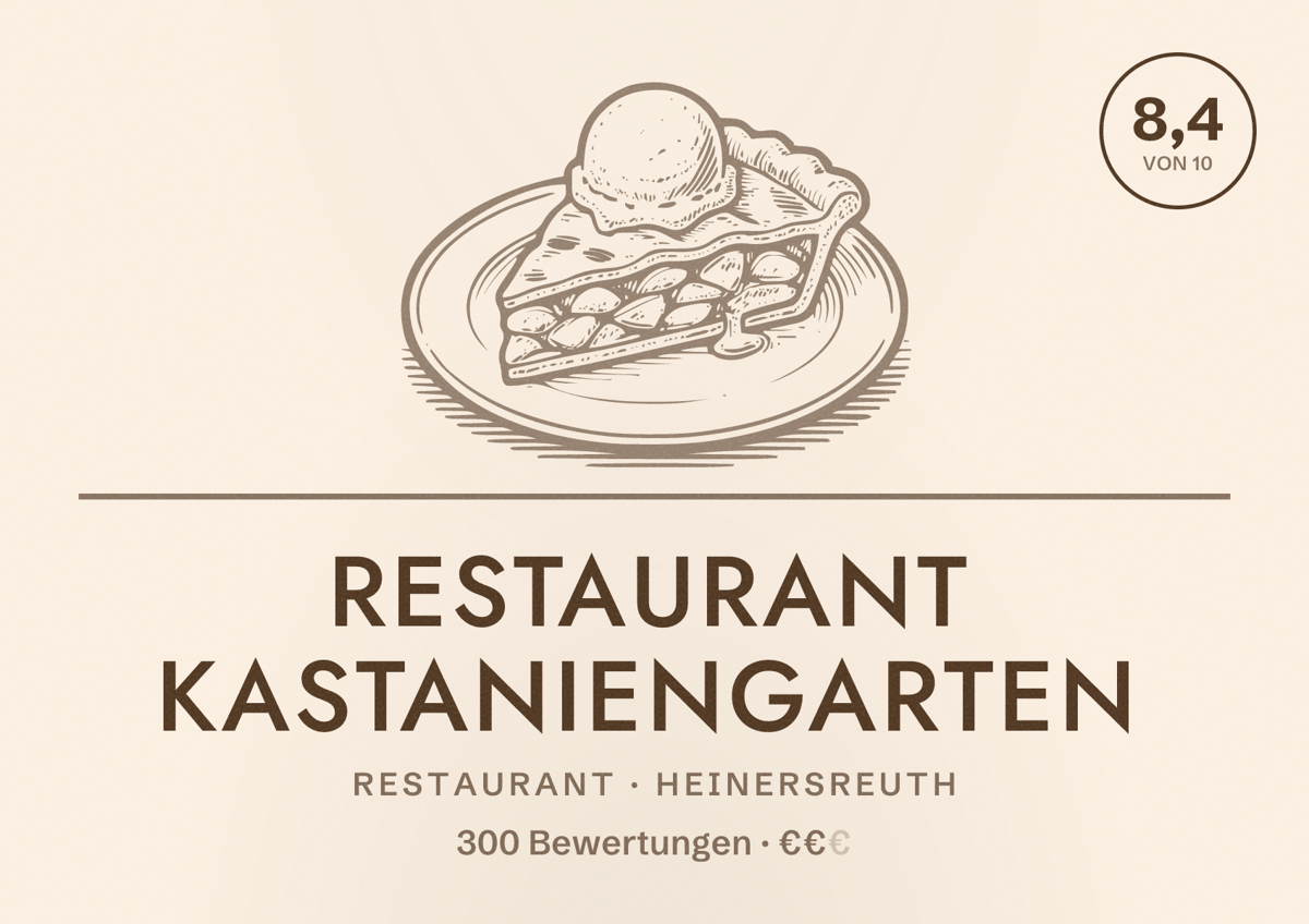 Illustriertes Poster von Restaurant Kastaniengarten, Restaurant in Heinersreuth: Bewertung 8,4 von 10 aus 300 Bewertungen, Preisniveau €€