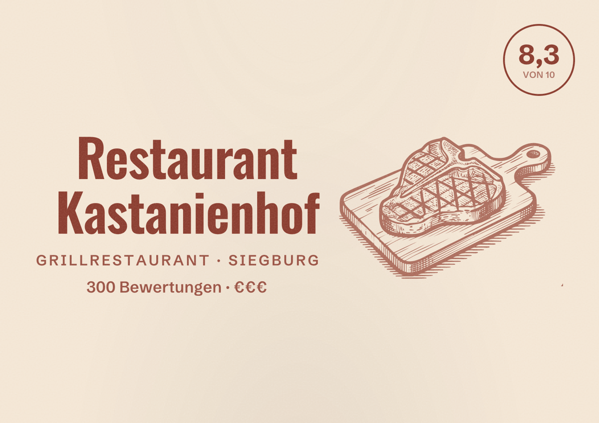 Illustriertes Poster von Restaurant Kastanienhof, Grillrestaurant in Siegburg: Bewertung 8,3 von 10 aus 300 Bewertungen, Preisniveau €€€