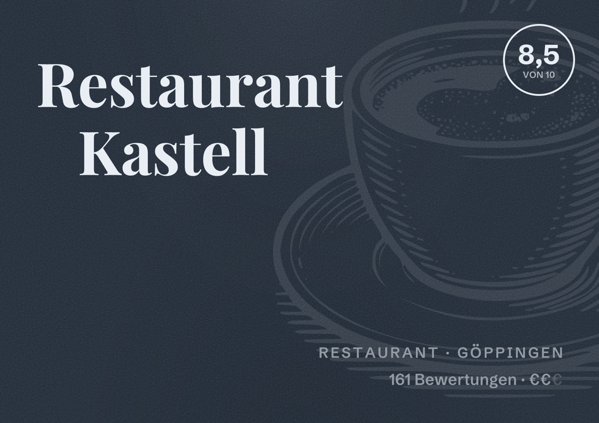 Illustriertes Poster von Restaurant Kastell, Restaurant in Göppingen: Bewertung 8,5 von 10 aus 161 Bewertungen, Preisniveau €€