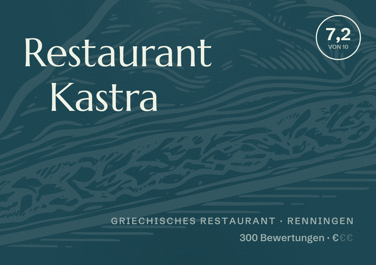 Illustriertes Poster von Restaurant Kastra, Griechisches Restaurant in Renningen: Bewertung 7,2 von 10 aus 300 Bewertungen, Preisniveau €