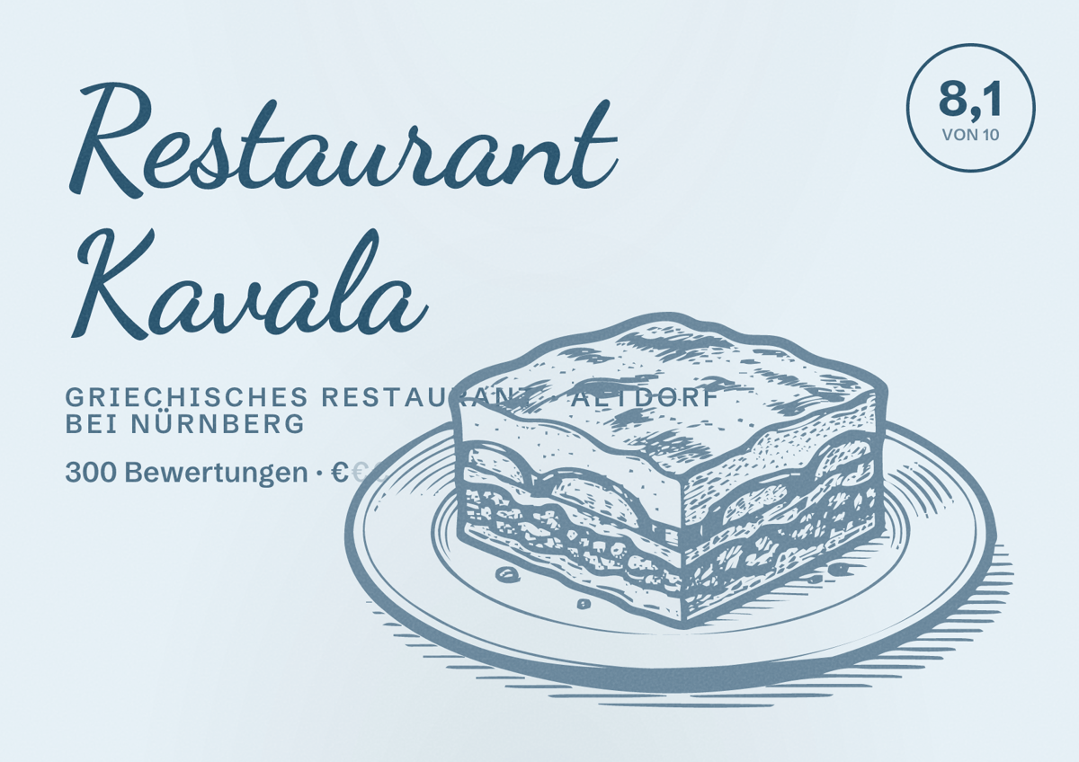 Illustriertes Poster von Restaurant Kavala, Griechisches Restaurant in Altdorf bei Nürnberg: Bewertung 8,1 von 10 aus 300 Bewertungen, Preisniveau €