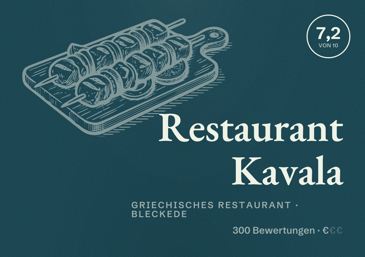 Illustriertes Poster von Restaurant Kavala, Griechisches Restaurant in Bleckede: Bewertung 7,2 von 10 aus 300 Bewertungen, Preisniveau €