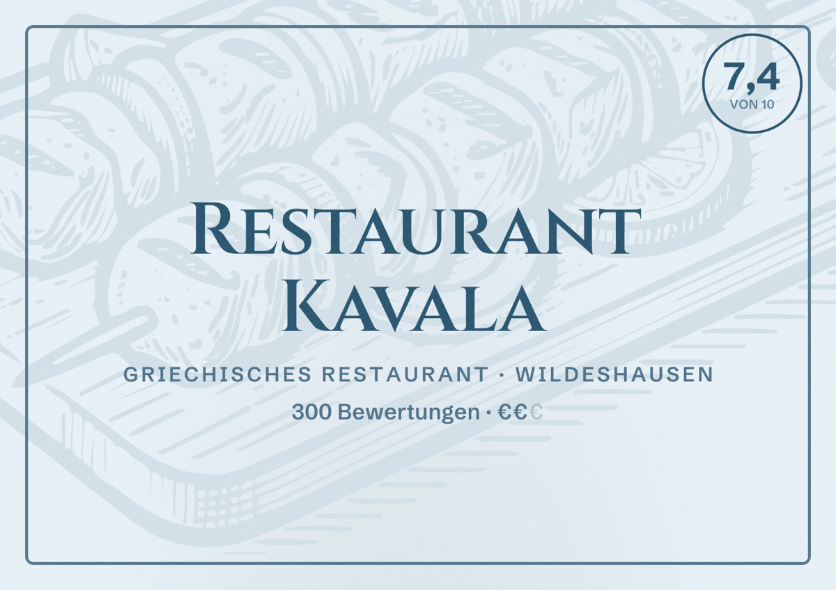 Illustriertes Poster von Restaurant Kavala, Griechisches Restaurant in Wildeshausen: Bewertung 7,4 von 10 aus 300 Bewertungen, Preisniveau €€