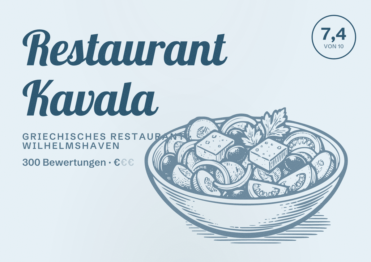 Illustriertes Poster von Restaurant Kavala, Griechisches Restaurant in Wilhelmshaven: Bewertung 7,4 von 10 aus 300 Bewertungen, Preisniveau €