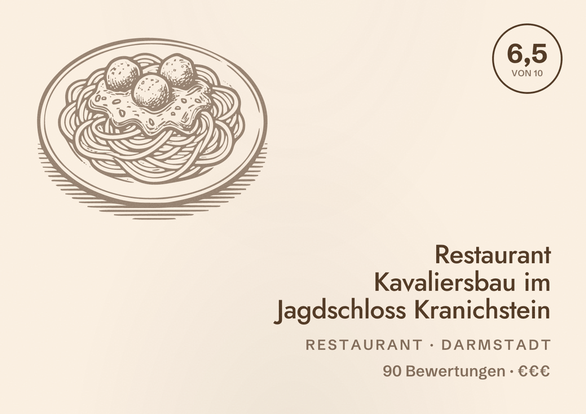 Illustriertes Poster von Restaurant Kavaliersbau im Jagdschloss Kranichstein, Restaurant in Darmstadt: Bewertung 6,5 von 10 aus 90 Bewertungen, Preisniveau €€€