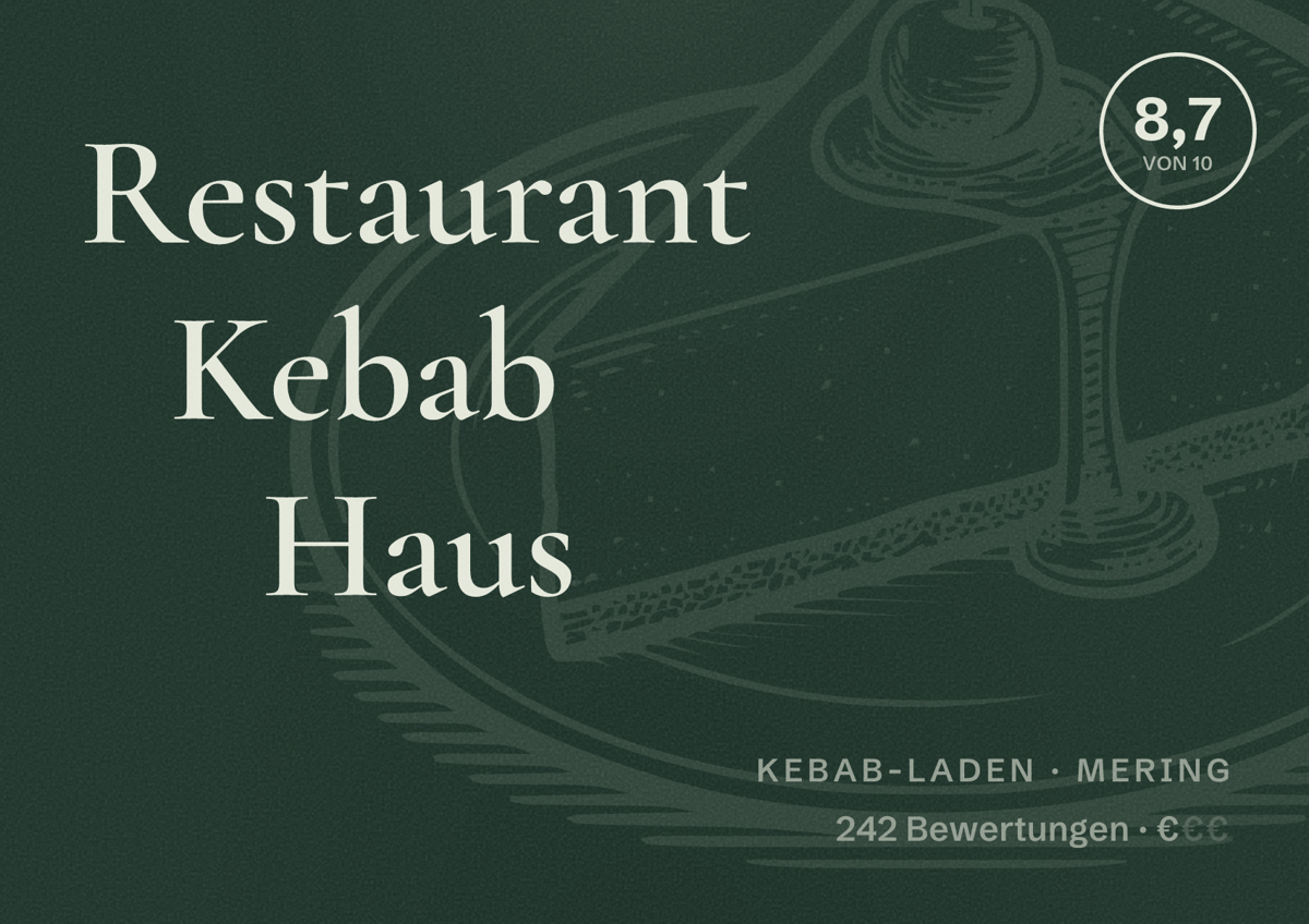 Illustriertes Poster von Restaurant Kebab Haus, Kebab-Laden in Mering: Bewertung 8,7 von 10 aus 242 Bewertungen, Preisniveau €