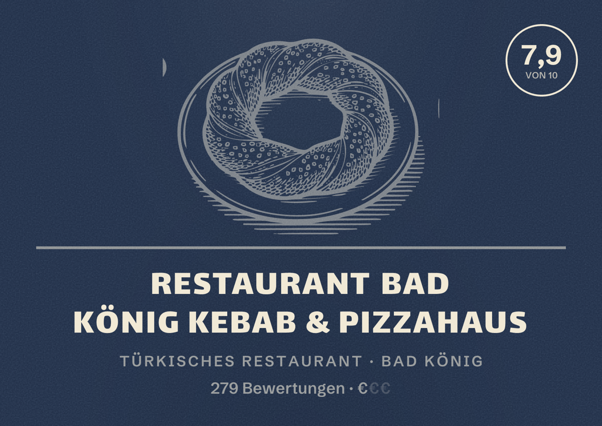 Illustriertes Poster von Restaurant Bad König Kebab & Pizzahaus, Türkisches Restaurant in Bad König: Bewertung 7,9 von 10 aus 279 Bewertungen, Preisniveau €