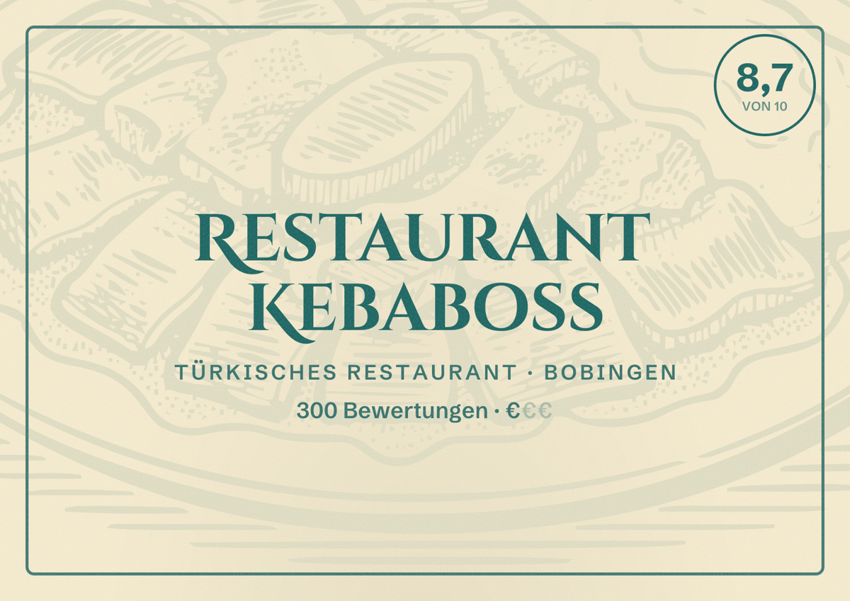 Illustriertes Poster von Restaurant Kebaboss, Türkisches Restaurant in Bobingen: Bewertung 8,7 von 10 aus 300 Bewertungen, Preisniveau €