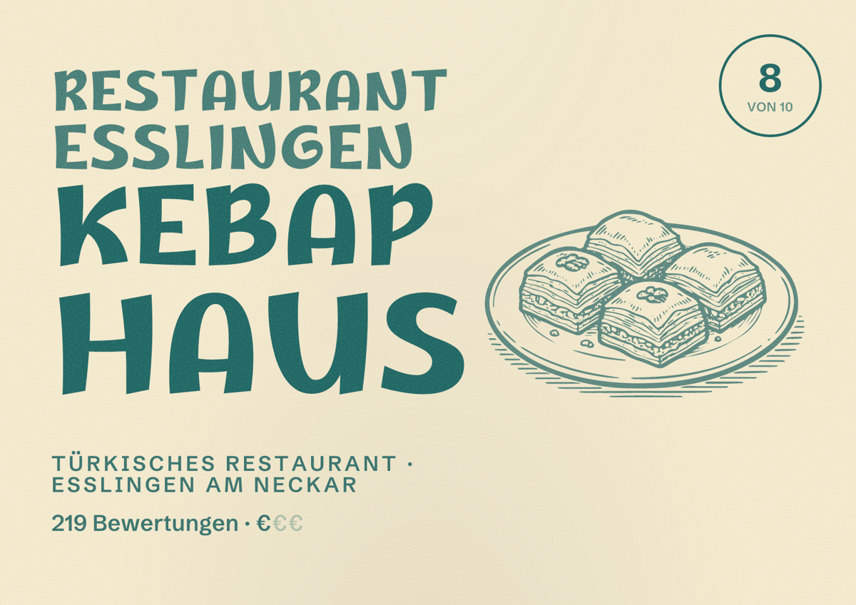 Illustriertes Poster von Restaurant Esslingen Kebap Haus, Türkisches Restaurant in Esslingen am Neckar: Bewertung 8 von 10 aus 219 Bewertungen, Preisniveau €