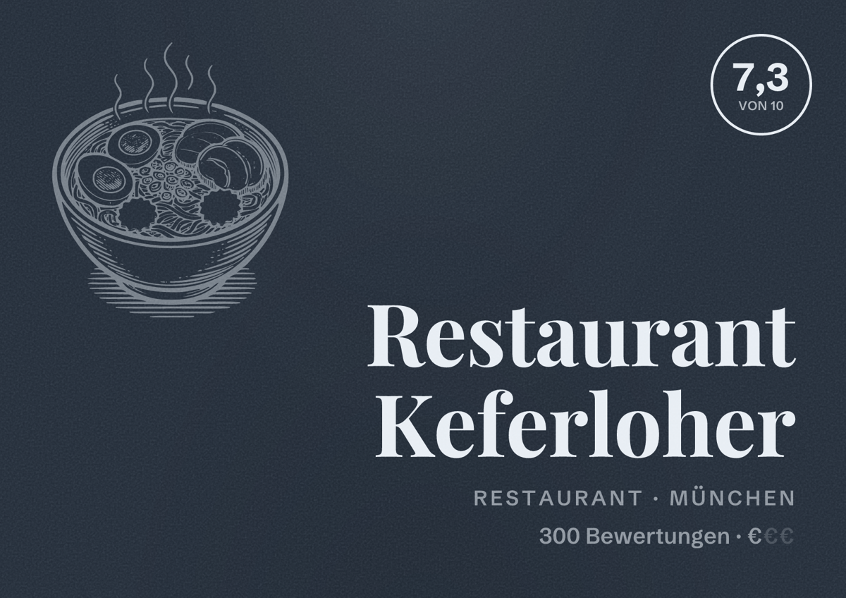 Illustriertes Poster von Restaurant Keferloher, Restaurant in München: Bewertung 7,3 von 10 aus 300 Bewertungen, Preisniveau €