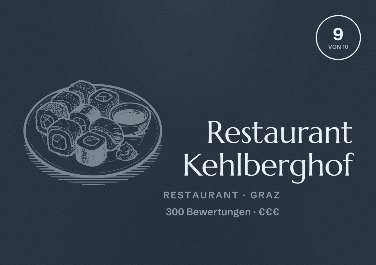 Illustriertes Poster von Restaurant Kehlberghof, Restaurant in Graz: Bewertung 9 von 10 aus 300 Bewertungen, Preisniveau €€€