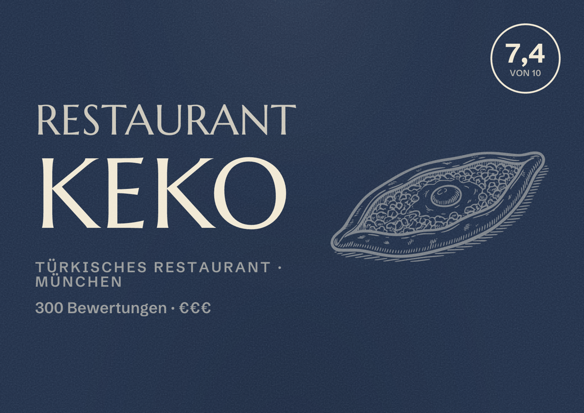 Illustriertes Poster von Restaurant Keko, Türkisches Restaurant in München: Bewertung 7,4 von 10 aus 300 Bewertungen, Preisniveau €€€