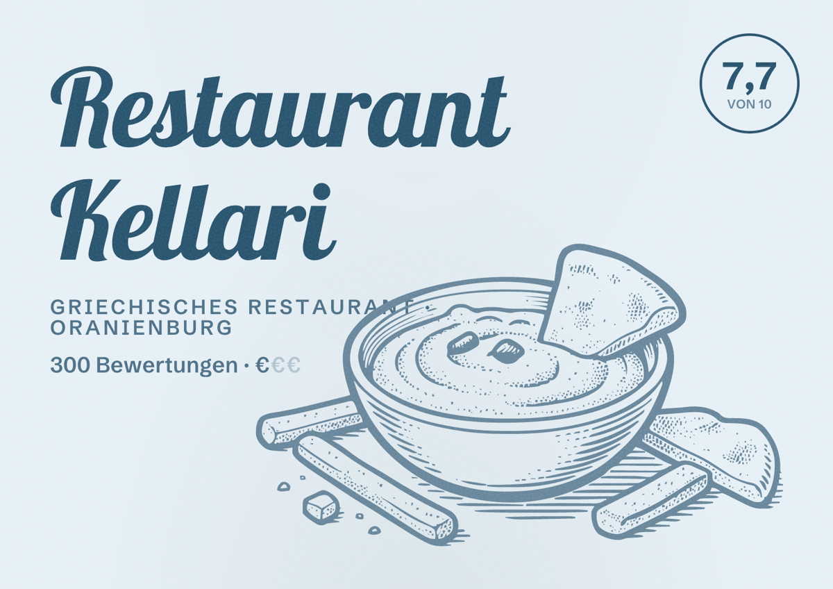 Illustriertes Poster von Restaurant Kellari, Griechisches Restaurant in Oranienburg: Bewertung 7,7 von 10 aus 300 Bewertungen, Preisniveau €