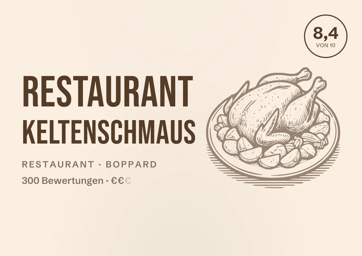 Illustriertes Poster von Restaurant Keltenschmaus, Restaurant in Boppard: Bewertung 8,4 von 10 aus 300 Bewertungen, Preisniveau €€