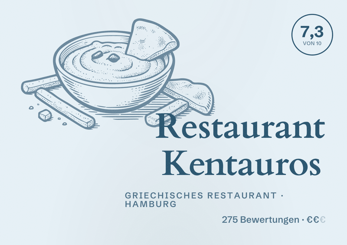 Illustriertes Poster von Restaurant Kentauros, Griechisches Restaurant in Hamburg: Bewertung 7,3 von 10 aus 275 Bewertungen, Preisniveau €€