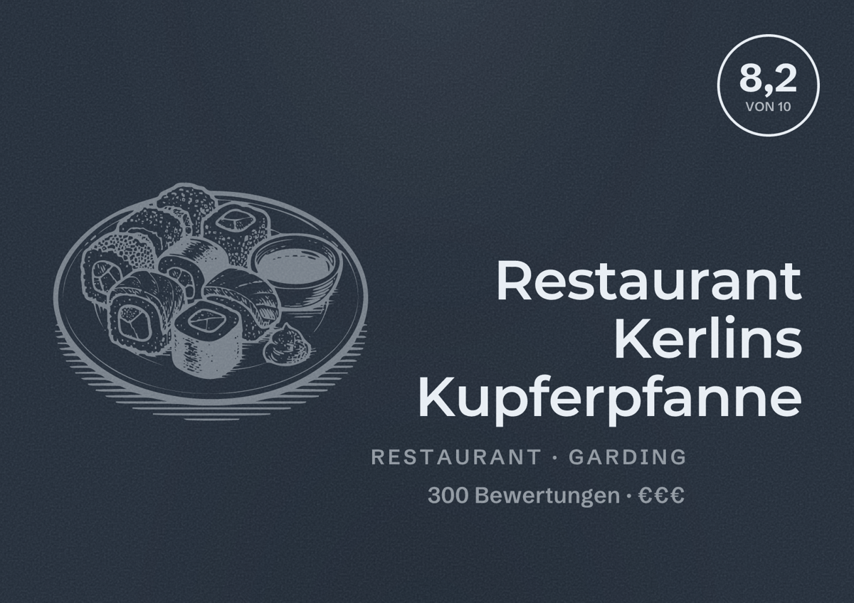 Illustriertes Poster von Restaurant Kerlins Kupferpfanne, Restaurant in Garding: Bewertung 8,2 von 10 aus 300 Bewertungen, Preisniveau €€€