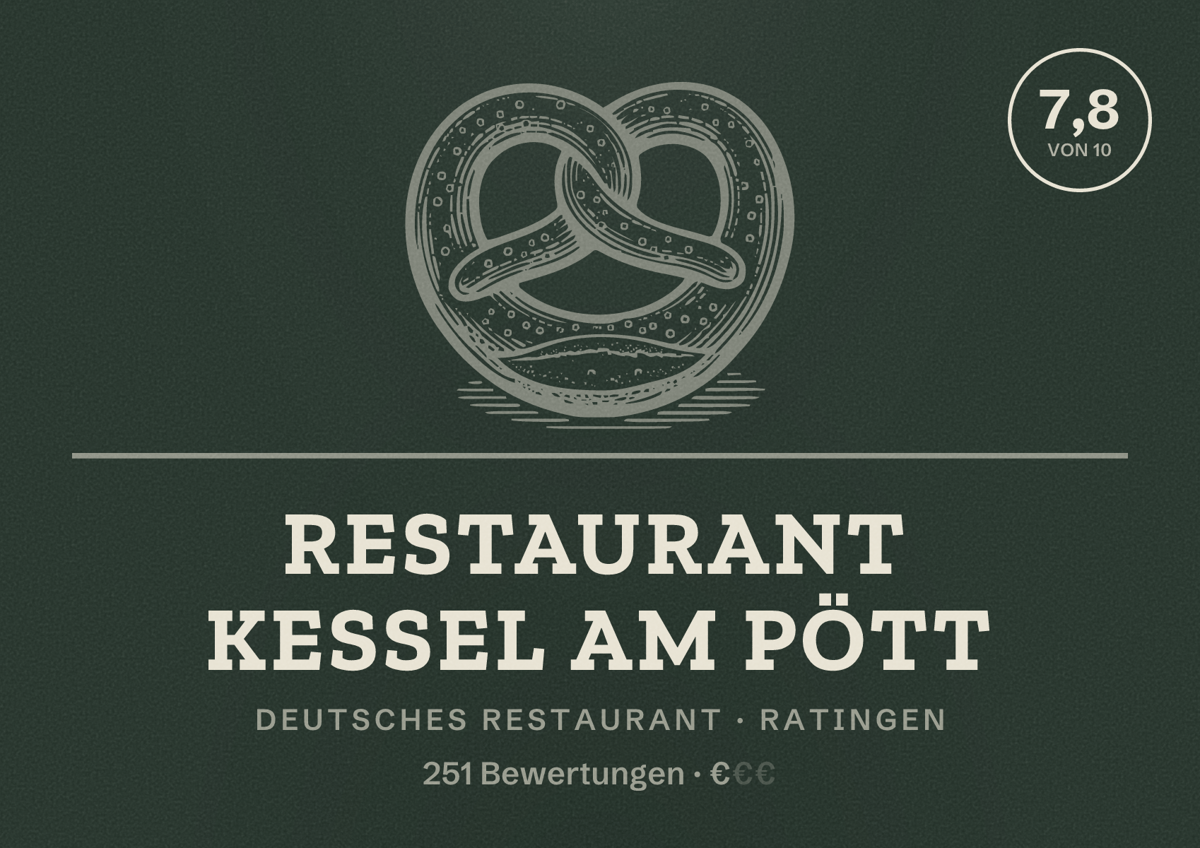 Illustriertes Poster von Restaurant Kessel am Pött, Deutsches Restaurant in Ratingen: Bewertung 7,8 von 10 aus 251 Bewertungen, Preisniveau €