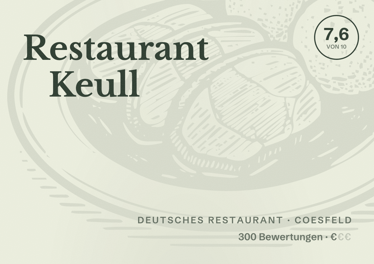 Illustriertes Poster von Restaurant Keull, Deutsches Restaurant in Coesfeld: Bewertung 7,6 von 10 aus 300 Bewertungen, Preisniveau €