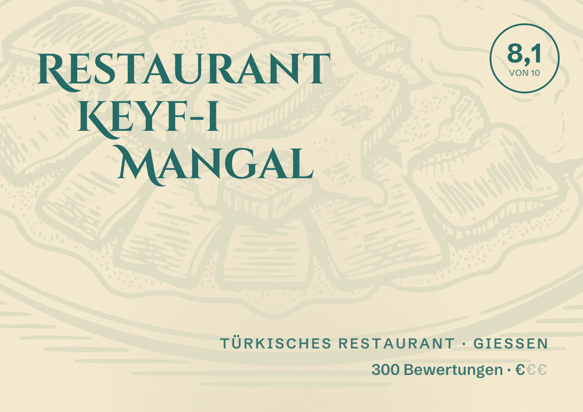 Illustriertes Poster von Restaurant Keyf-i Mangal, Türkisches Restaurant in Gießen: Bewertung 8,1 von 10 aus 300 Bewertungen, Preisniveau €