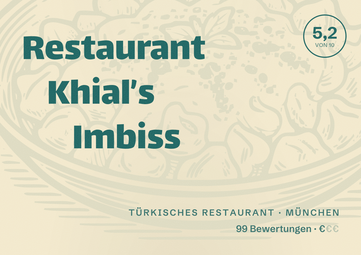 Illustriertes Poster von Restaurant Khial’s Imbiss, Türkisches Restaurant in München: Bewertung 5,2 von 10 aus 99 Bewertungen, Preisniveau €