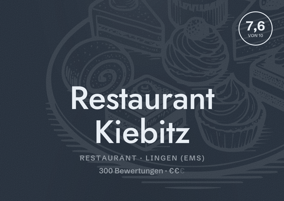 Illustriertes Poster von Restaurant Kiebitz, Restaurant in Lingen (Ems): Bewertung 7,6 von 10 aus 300 Bewertungen, Preisniveau €€
