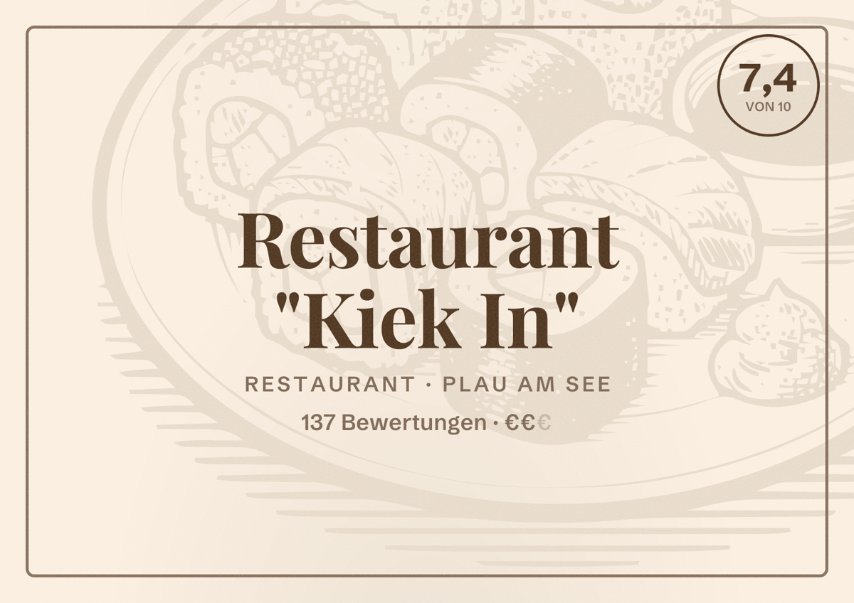 Illustriertes Poster von Restaurant "Kiek In", Restaurant in Plau am See: Bewertung 7,4 von 10 aus 137 Bewertungen, Preisniveau €€