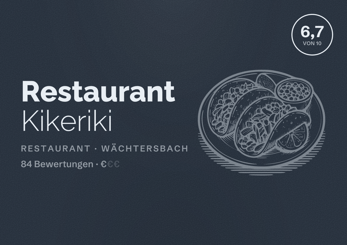 Illustriertes Poster von Restaurant Kikeriki, Restaurant in Wächtersbach: Bewertung 6,7 von 10 aus 84 Bewertungen, Preisniveau €