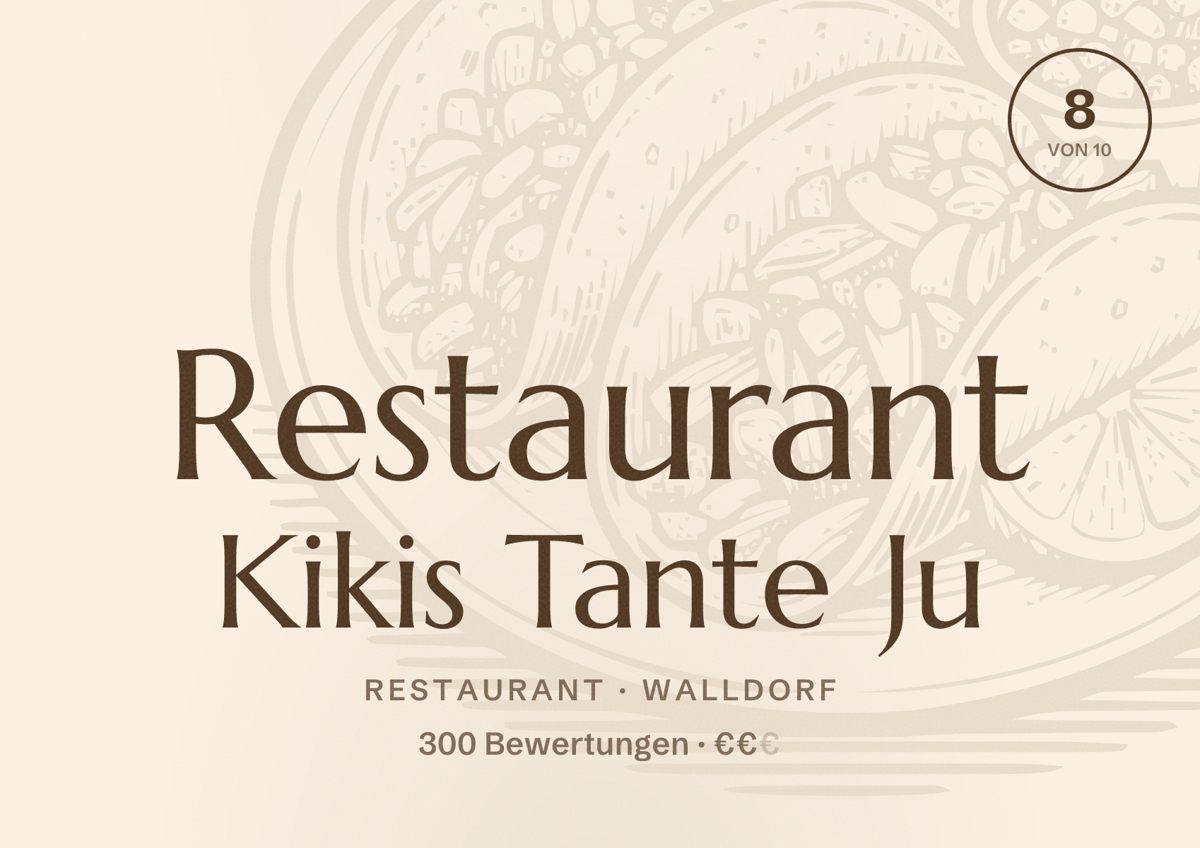 Illustriertes Poster von Restaurant Kikis Tante Ju, Restaurant in Walldorf: Bewertung 8 von 10 aus 300 Bewertungen, Preisniveau €€