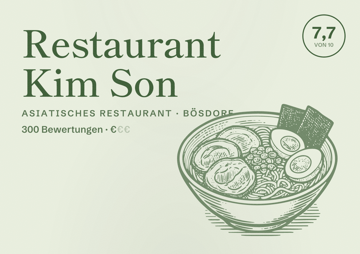 Illustriertes Poster von Restaurant Kim Son, Asiatisches Restaurant in Bösdorf: Bewertung 7,7 von 10 aus 300 Bewertungen, Preisniveau €