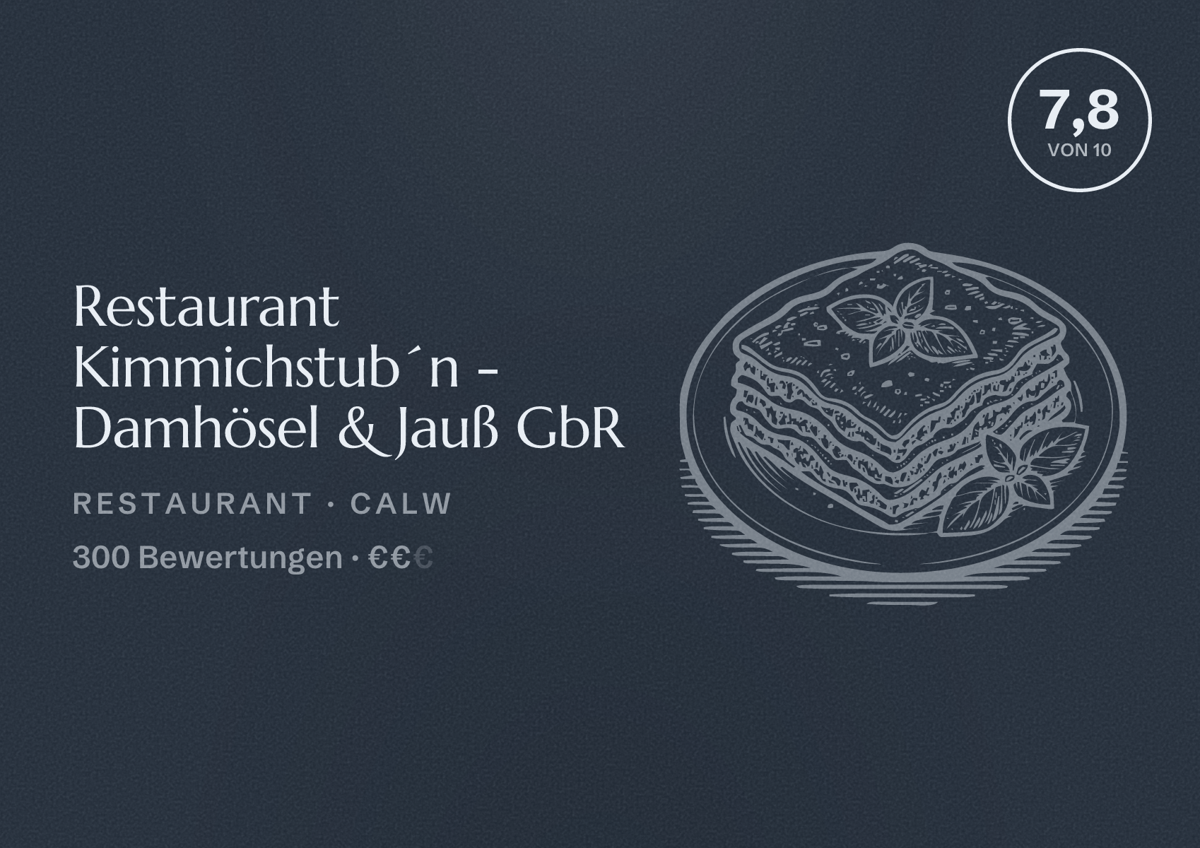 Illustriertes Poster von Restaurant Kimmichstub´n - Damhösel & Jauß GbR, Restaurant in Calw: Bewertung 7,8 von 10 aus 300 Bewertungen, Preisniveau €€