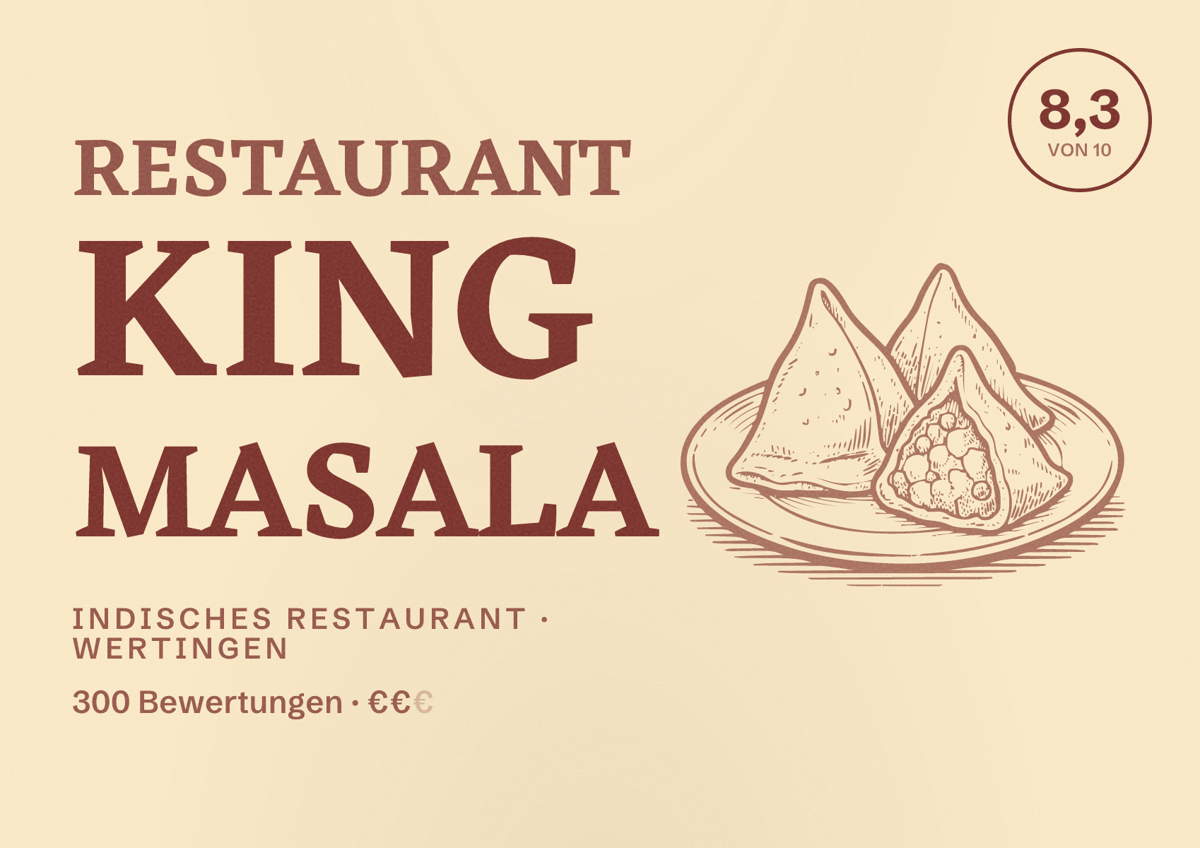 Illustriertes Poster von Restaurant King Masala, Indisches Restaurant in Wertingen: Bewertung 8,3 von 10 aus 300 Bewertungen, Preisniveau €€