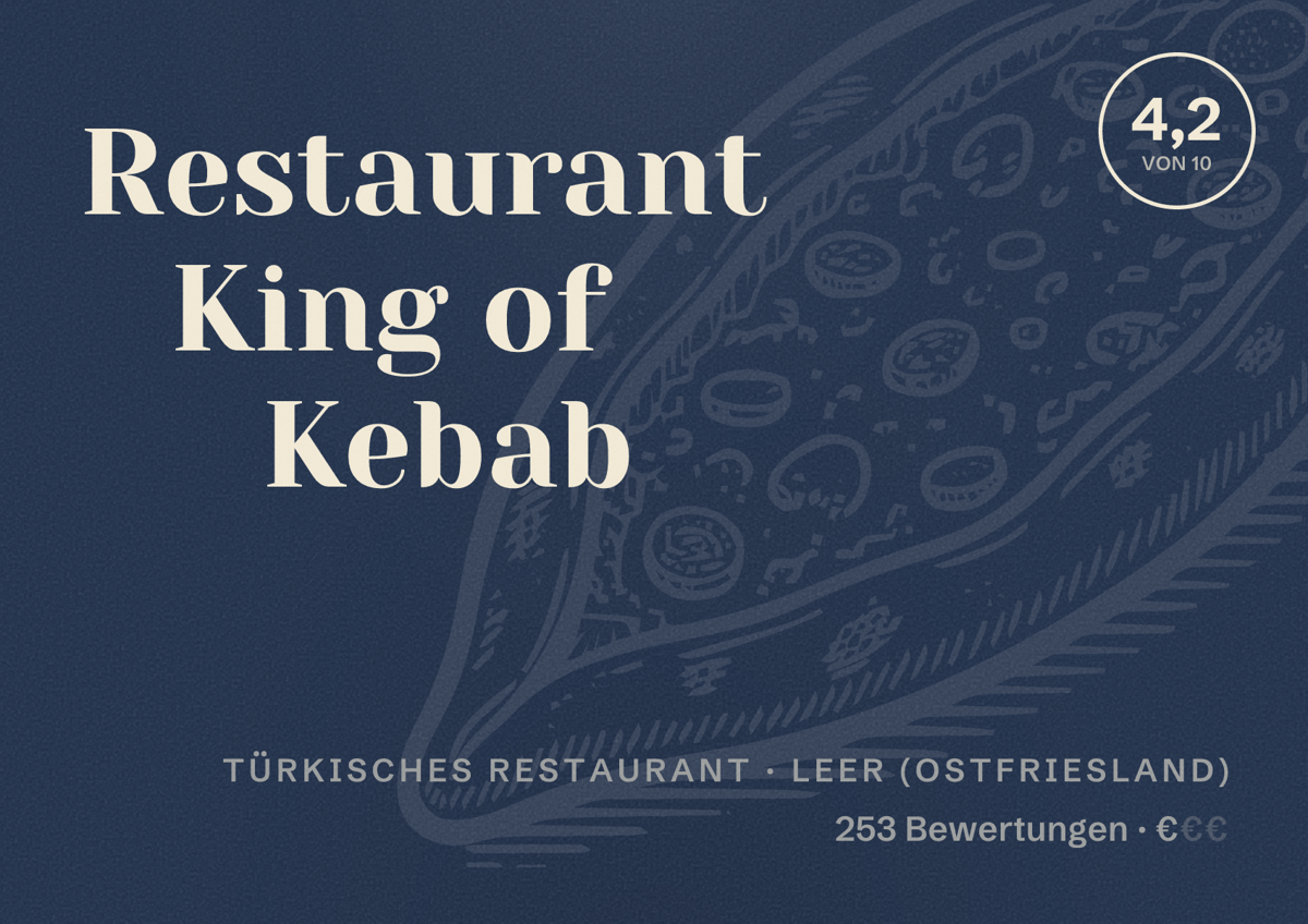 Illustriertes Poster von Restaurant King of Kebab, Türkisches Restaurant in Leer (Ostfriesland): Bewertung 4,2 von 10 aus 253 Bewertungen, Preisniveau €