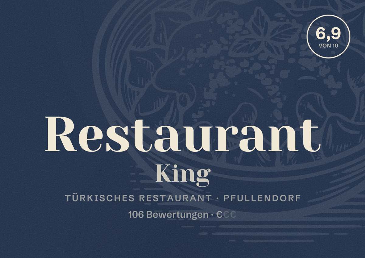 Illustriertes Poster von Restaurant King, Türkisches Restaurant in Pfullendorf: Bewertung 6,9 von 10 aus 106 Bewertungen, Preisniveau €