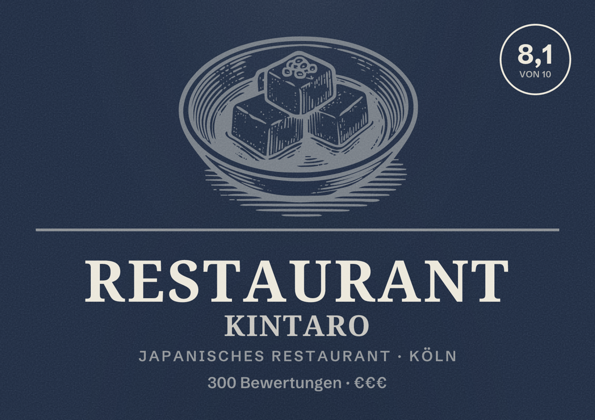 Illustriertes Poster von Restaurant Kintaro, Japanisches Restaurant in Köln: Bewertung 8,1 von 10 aus 300 Bewertungen, Preisniveau €€€