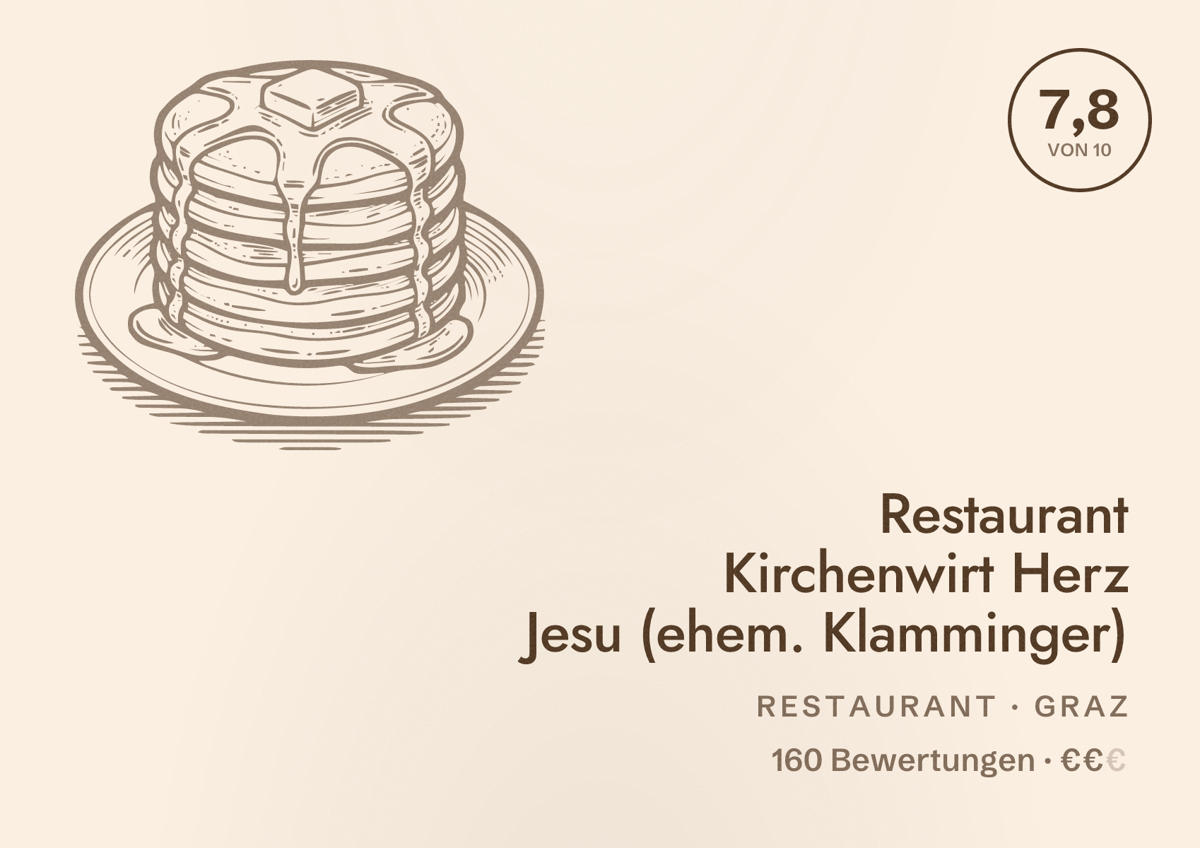Illustriertes Poster von Restaurant Kirchenwirt Herz Jesu (ehem. Klamminger), Restaurant in Graz: Bewertung 7,8 von 10 aus 160 Bewertungen, Preisniveau €€