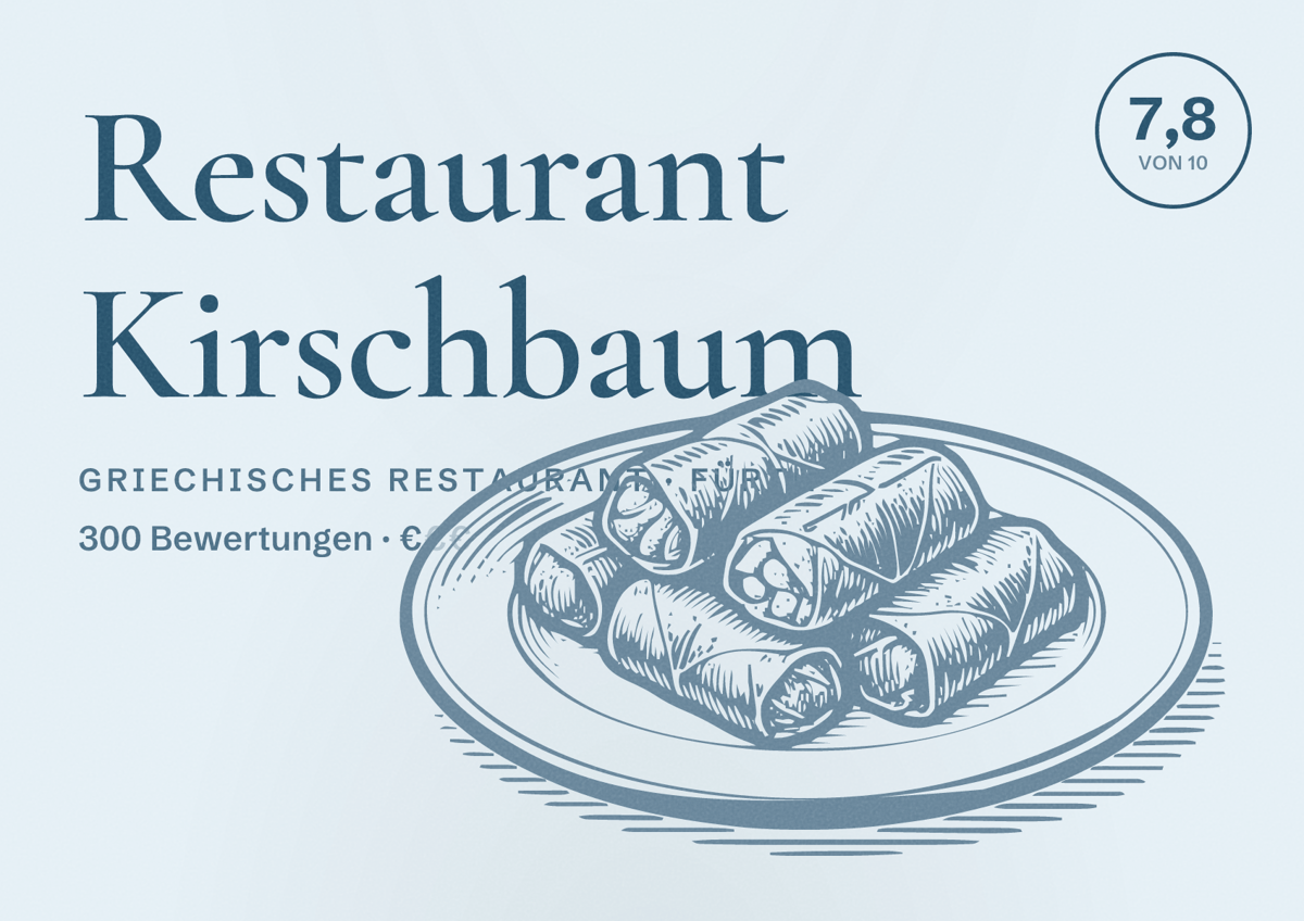 Illustriertes Poster von Restaurant Kirschbaum, Griechisches Restaurant in Fürth: Bewertung 7,8 von 10 aus 300 Bewertungen, Preisniveau €