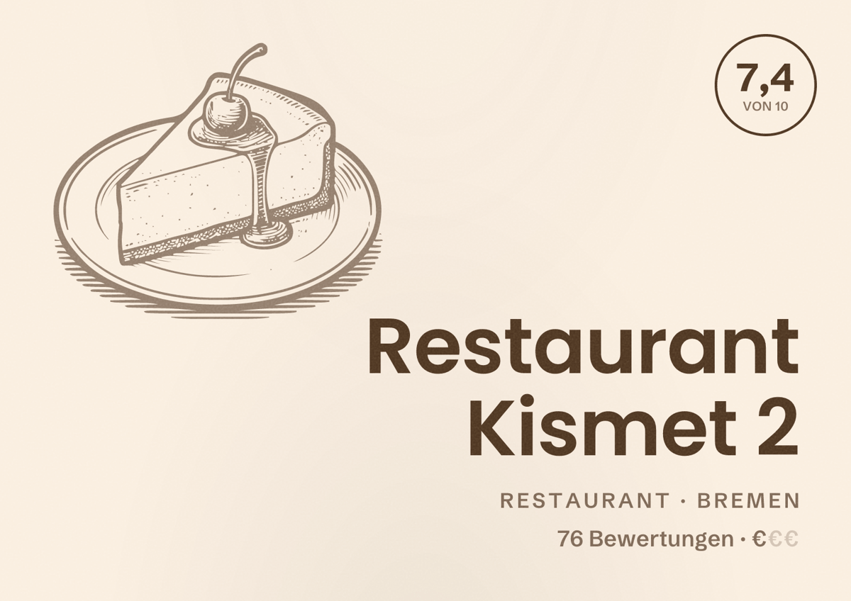 Illustriertes Poster von Restaurant Kismet 2, Restaurant in Bremen: Bewertung 7,4 von 10 aus 76 Bewertungen, Preisniveau €