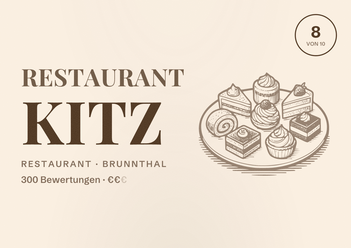 Illustriertes Poster von Restaurant Kitz, Restaurant in Brunnthal: Bewertung 8 von 10 aus 300 Bewertungen, Preisniveau €€